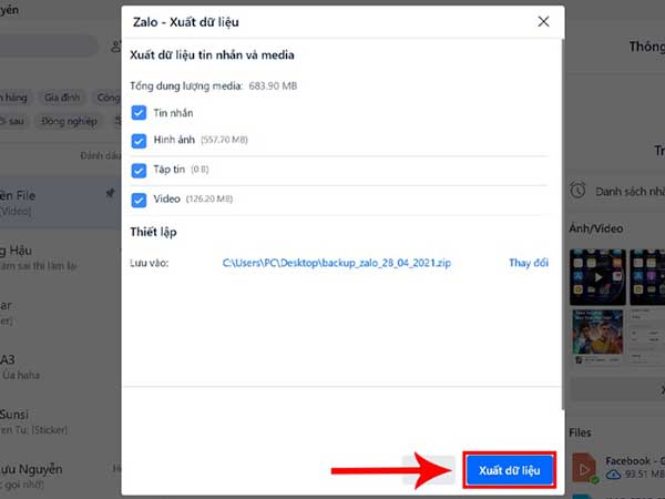 bạn chọn lại Xuất dữ liệu để tiếp tục