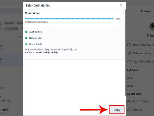 Chờ cho quá trình xuất dữ liệu hoàn tất