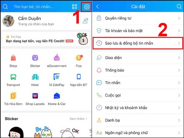 sau đó vào mục Sao lưu và đồng bộ tin nhắn