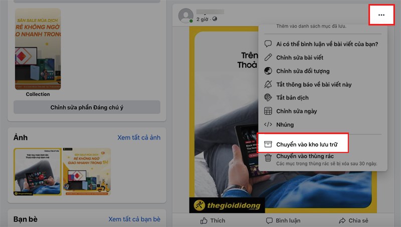 Chọn ảnh cần ẩn/gỡ thẻ > Nhấn ba chấm ⋯ ở góc ảnh.